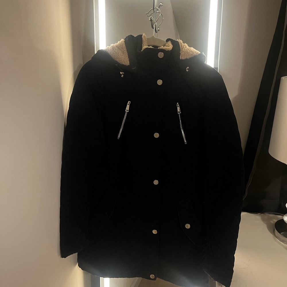 Dark Blue Hooded Coat with Sherpa Lining